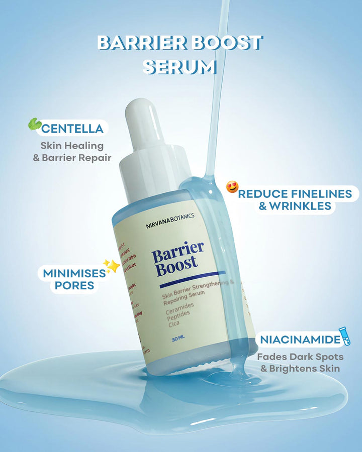 Ninawaromatics Barrier Boost Serum bottle with a white dropper cap, surrounded by text callouts highlighting key benefits like centella skin healing, reducing fine lines, and minimizing pores, set against a light blue gradient background with a liquid splash at the bottom.