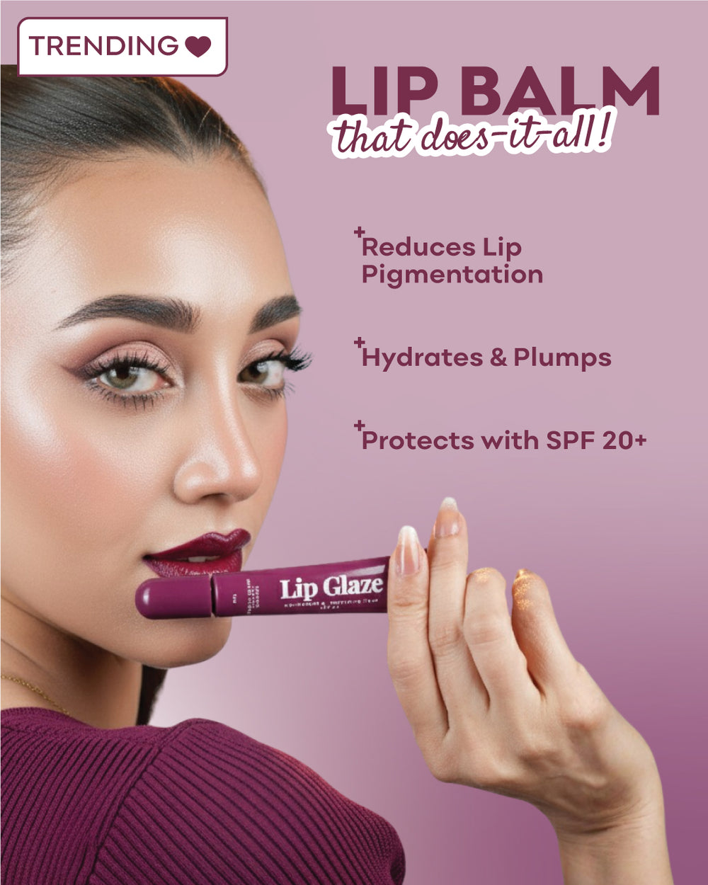 Lip balm advertisement with a woman holding a lip balm against a purple background