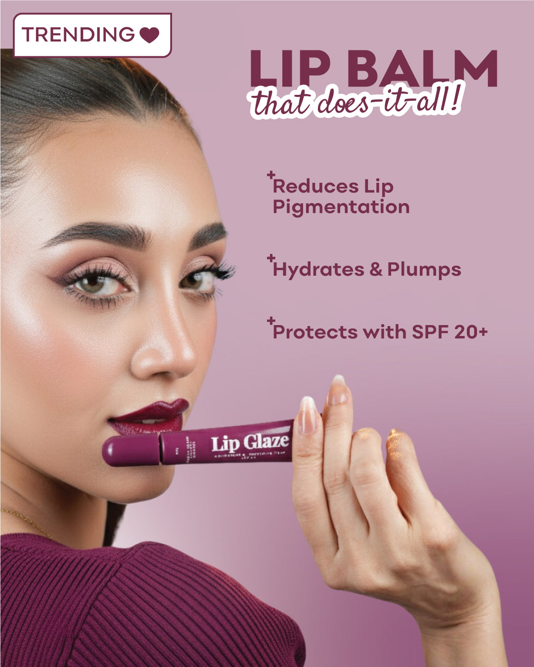 Lip balm advertisement with a woman holding a lip balm against a purple background