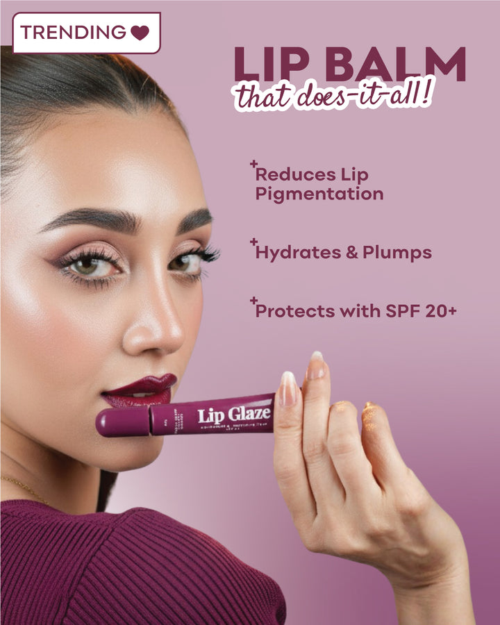 Lip balm advertisement with a woman holding a lip balm against a purple background