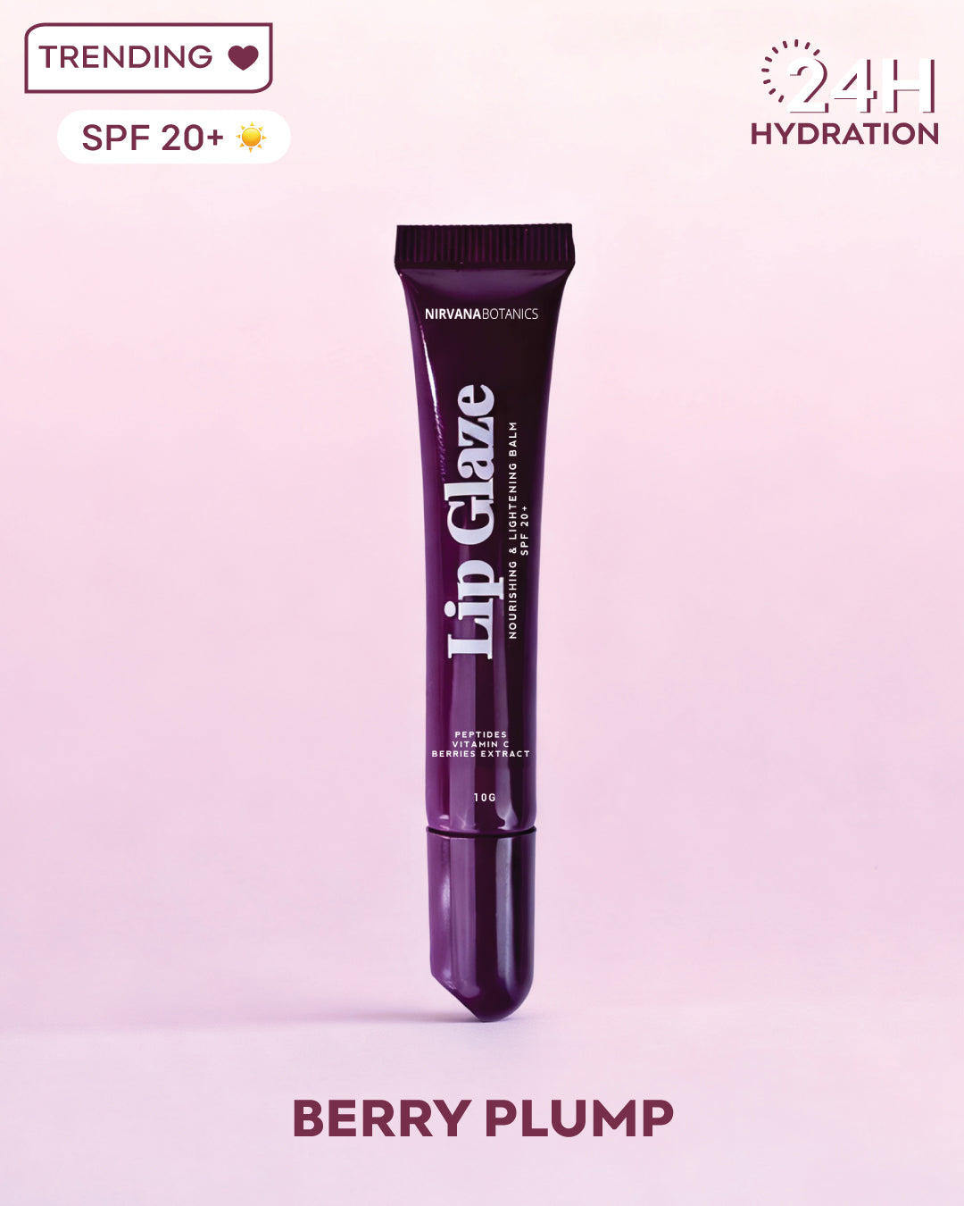 Lip glaze tube labeled 'Berry Plump' on a light purple background