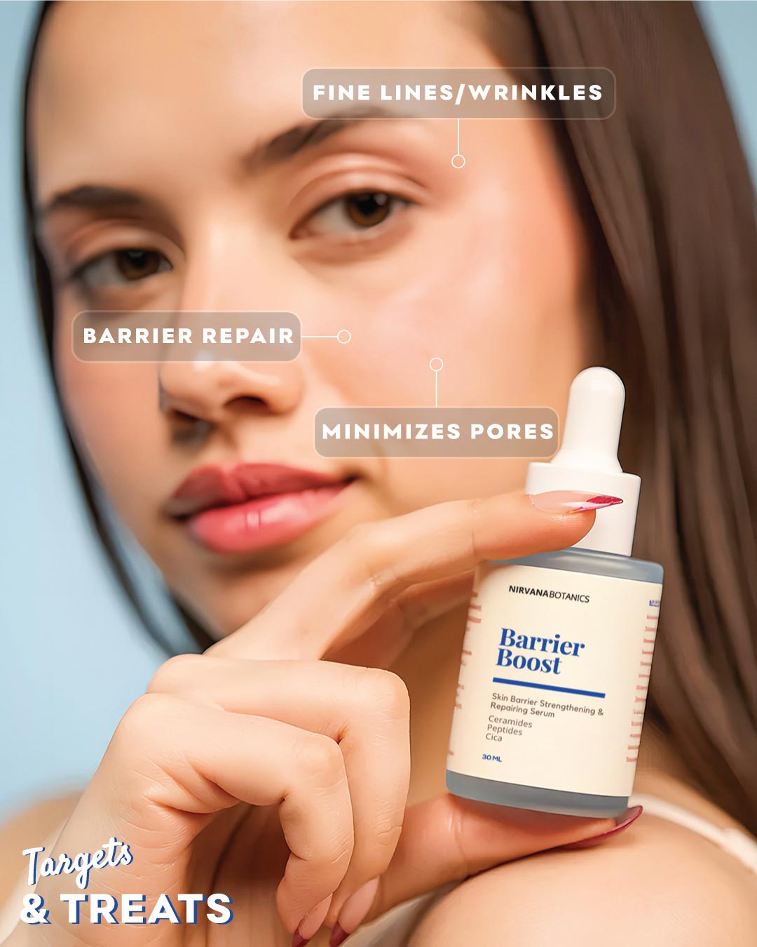 Woman holding a bottle of Barrier Boost serum with text highlighting its benefits.
