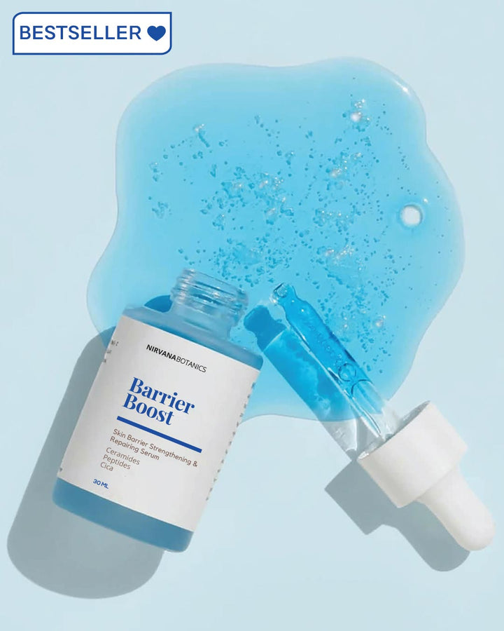 Barrier Boost skincare product with dropper on a light blue background