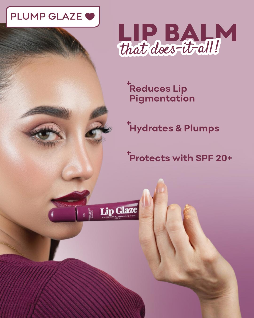 Lip balm advertisement with a woman holding a lip balm against a pink background