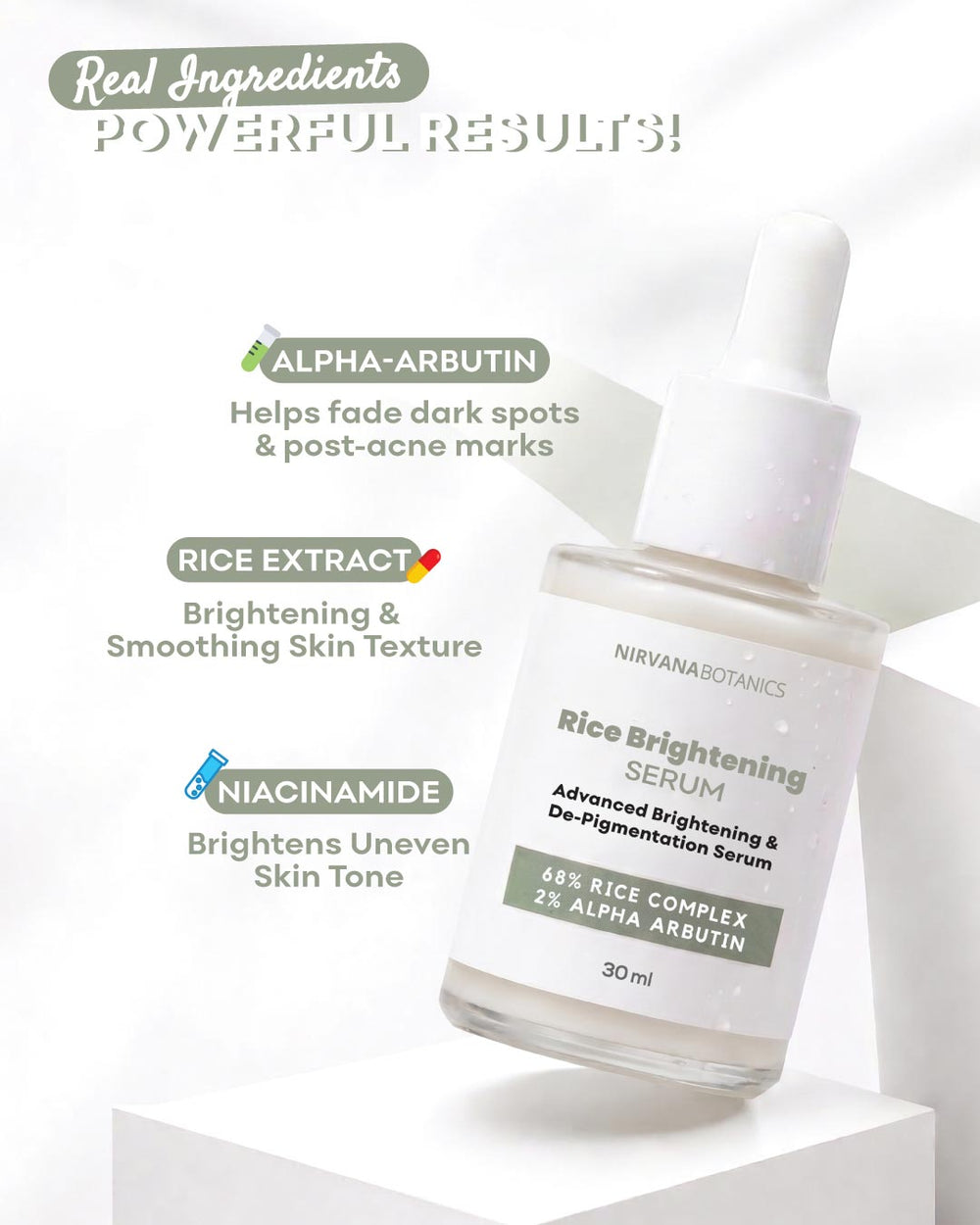 Nirvana Botanics Rice Brightening Serum in a clear glass dropper bottle with a white cap, displayed on a white pedestal with marketing text highlighting key ingredients.