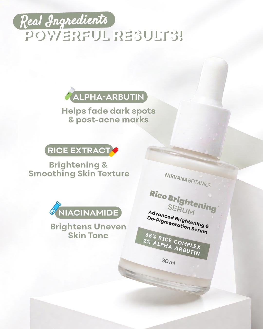 Nirvana Botanics Rice Brightening Serum in a clear glass dropper bottle with a white cap, displayed on a white pedestal with marketing text highlighting key ingredients.