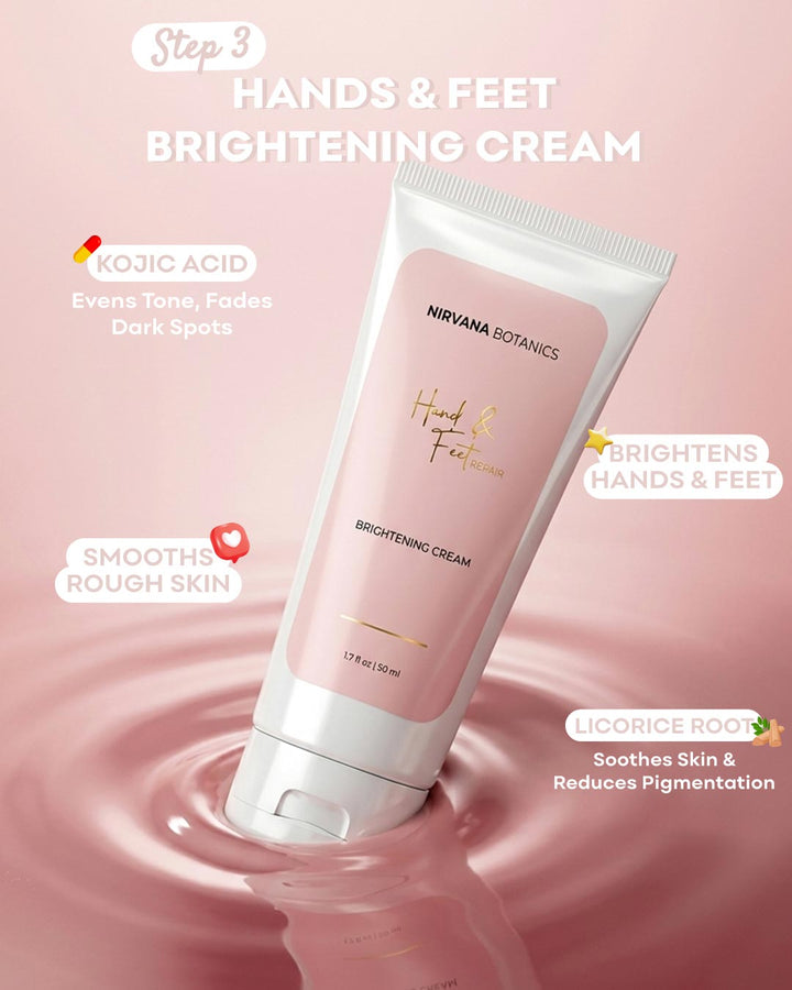 Nirvana Botanics Hand & Feet Brightening Cream in a white squeeze tube with a dusty pink label, set against a pink liquid ripple background with feature callouts.