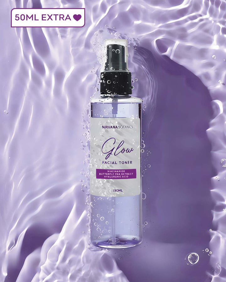 Facial toner bottle with 'Nirvana Formula Glow' on a purple water background