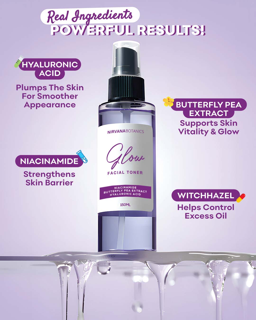 Nirvana Botanics Glow Facial Toner bottle with ingredients listed on a purple background