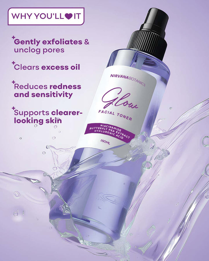 Nirvana Botanics Glow Facial Toner bottle with product benefits on a purple background