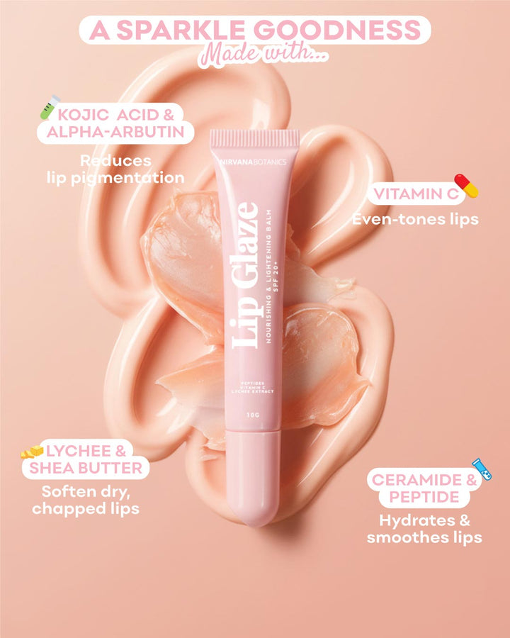 Lip balm with ingredients listed on a pink background