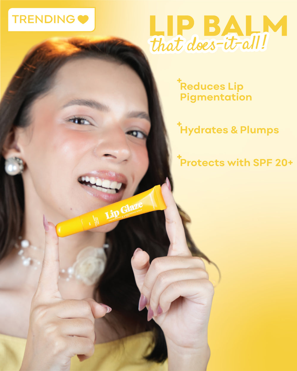 Woman holding a yellow lip balm stick with promotional text on a yellow background