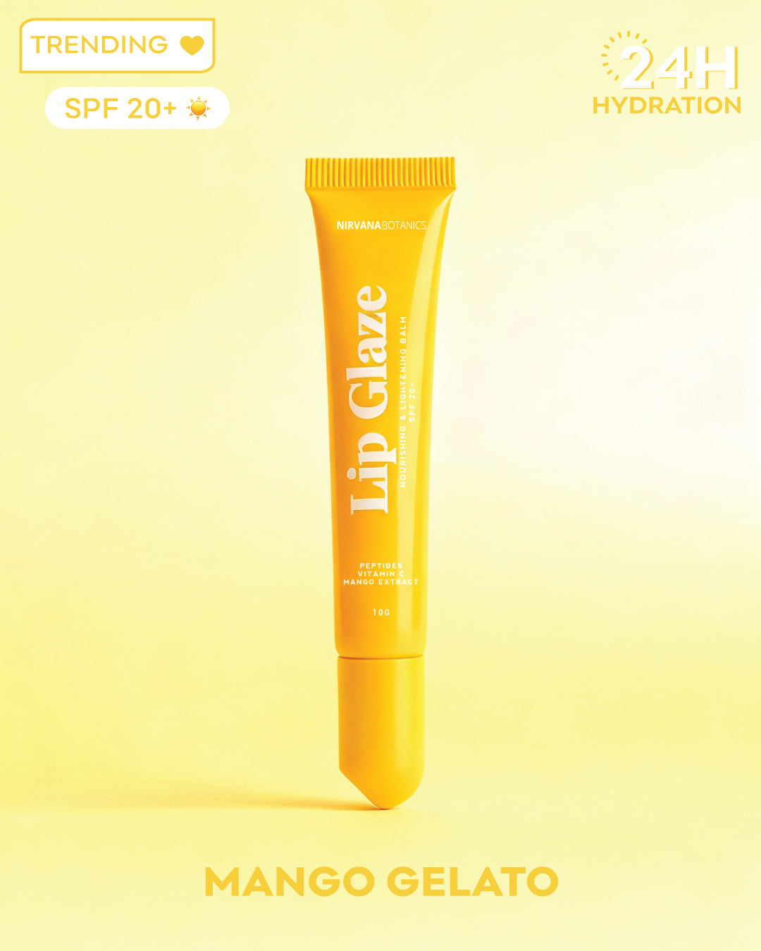 Lip glaze tube labeled 'Lip Glaze' with 'Mango Gelato' flavor on a yellow background