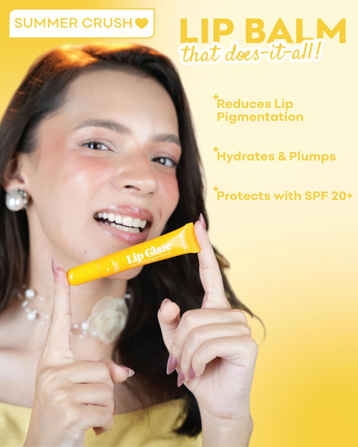 Woman holding a lip balm stick with promotional text on a yellow background