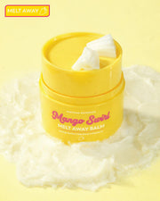 Yellow balm container labeled 'Mango Swirl' on a yellow background