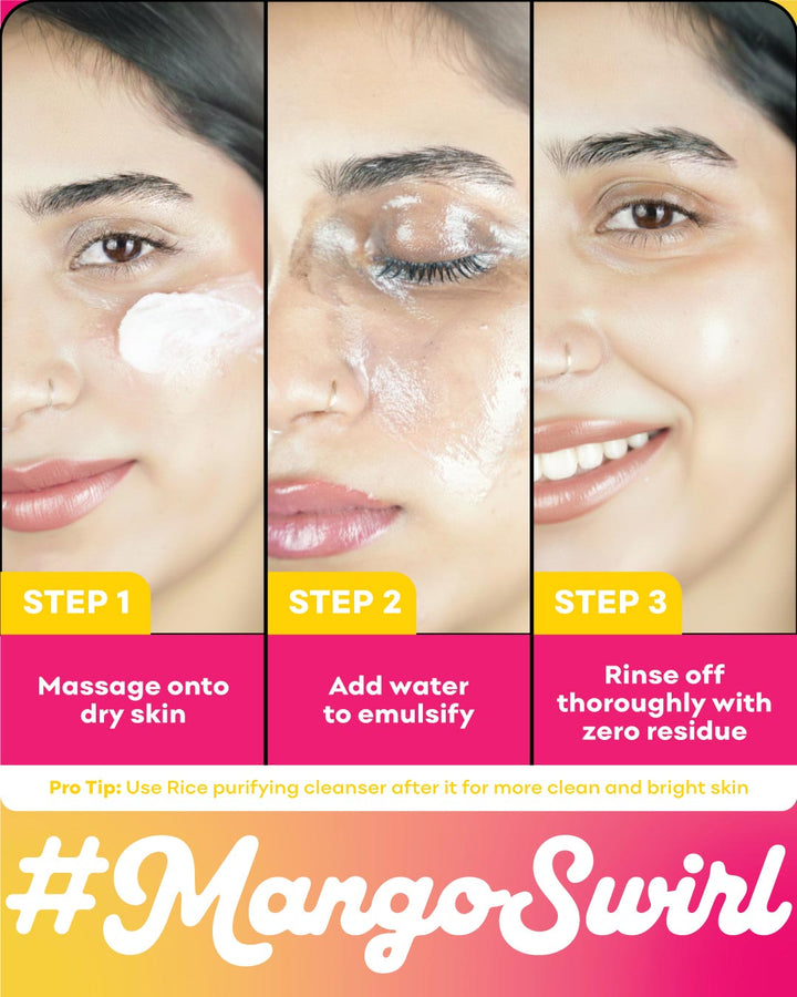 Step-by-step guide for using a makeup-removing balm with '#MangoSwirl' branding.