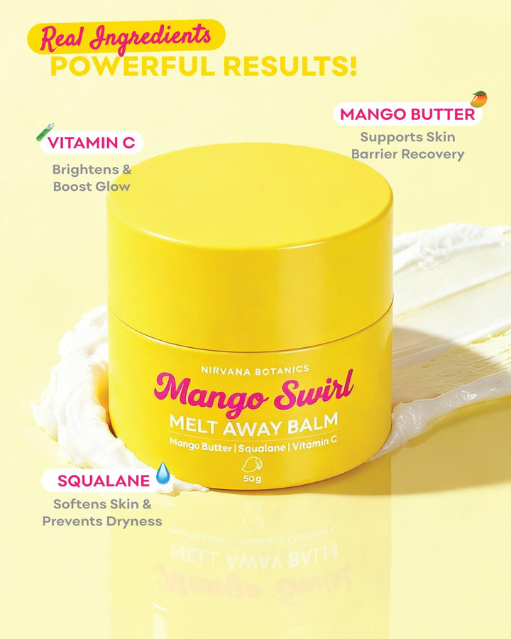Yellow balm container for makeup-removing balm with ingredients listed on a yellow background