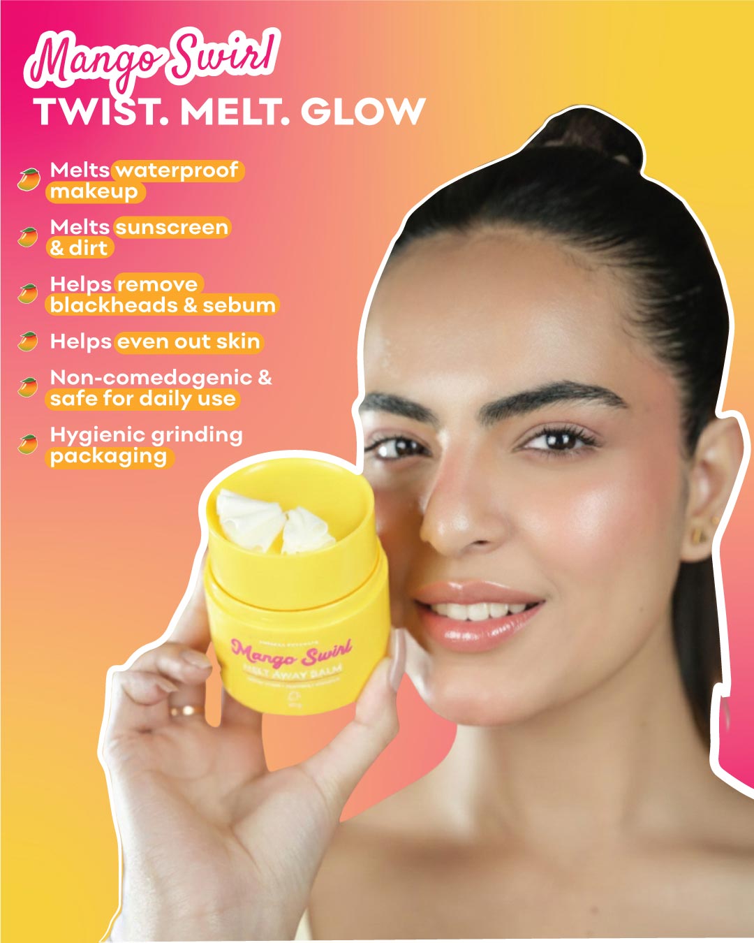 Woman holding a yellow container of Mango Swirl Makeup removing balm with text highlighting its features on a gradient background.