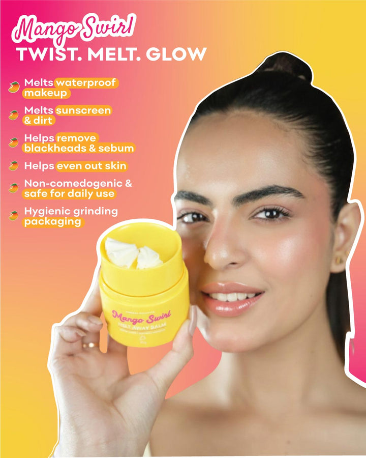 Woman holding a yellow container of Mango Swirl Makeup removing balm with text highlighting its features on a gradient background.