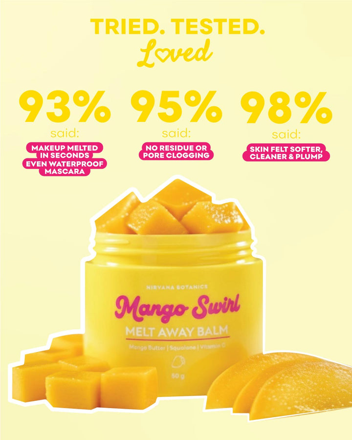 Mango Swirl melt away balm with mango pieces on a yellow background