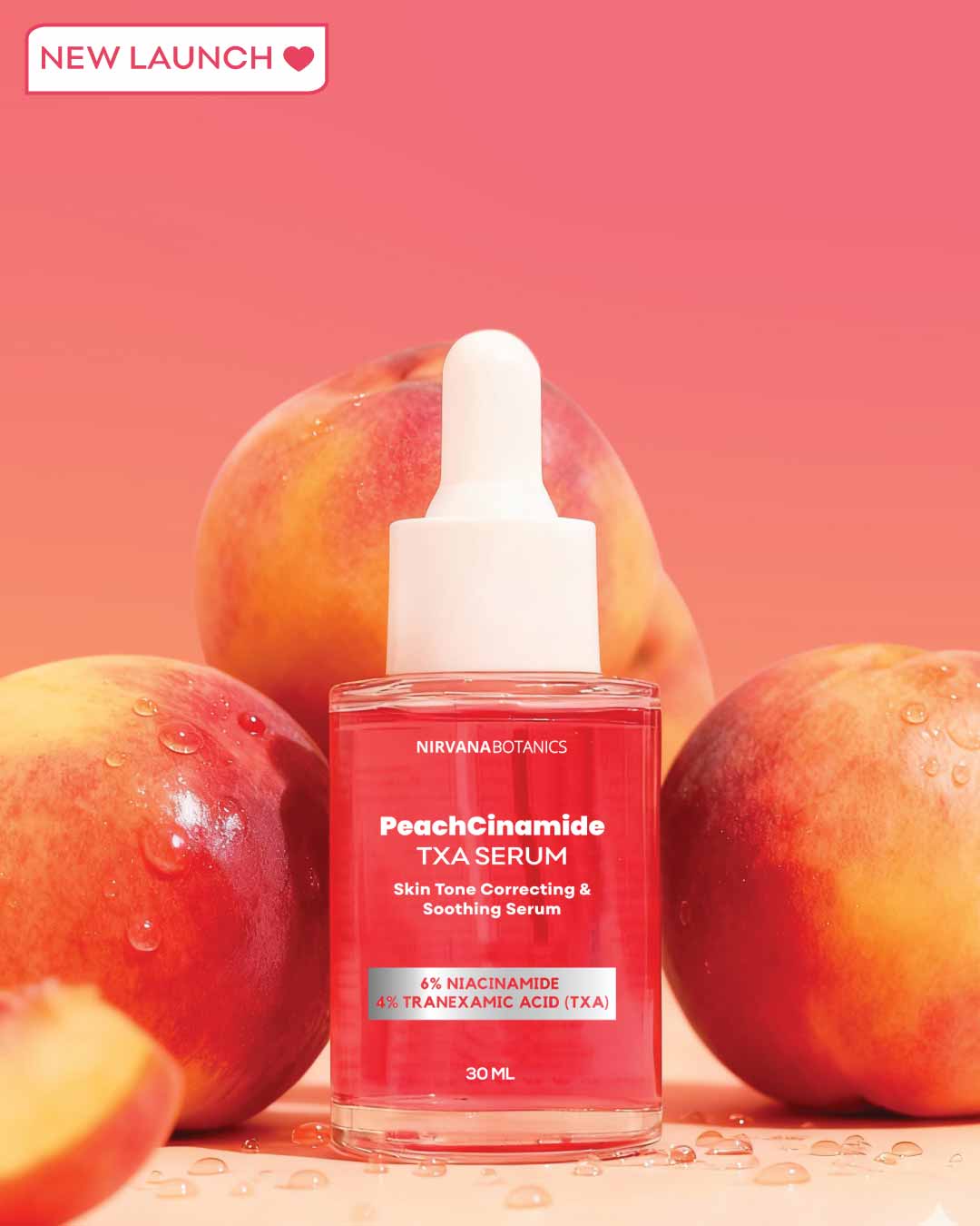 PeachCinamide TXA Serum bottle with peaches on a pink background