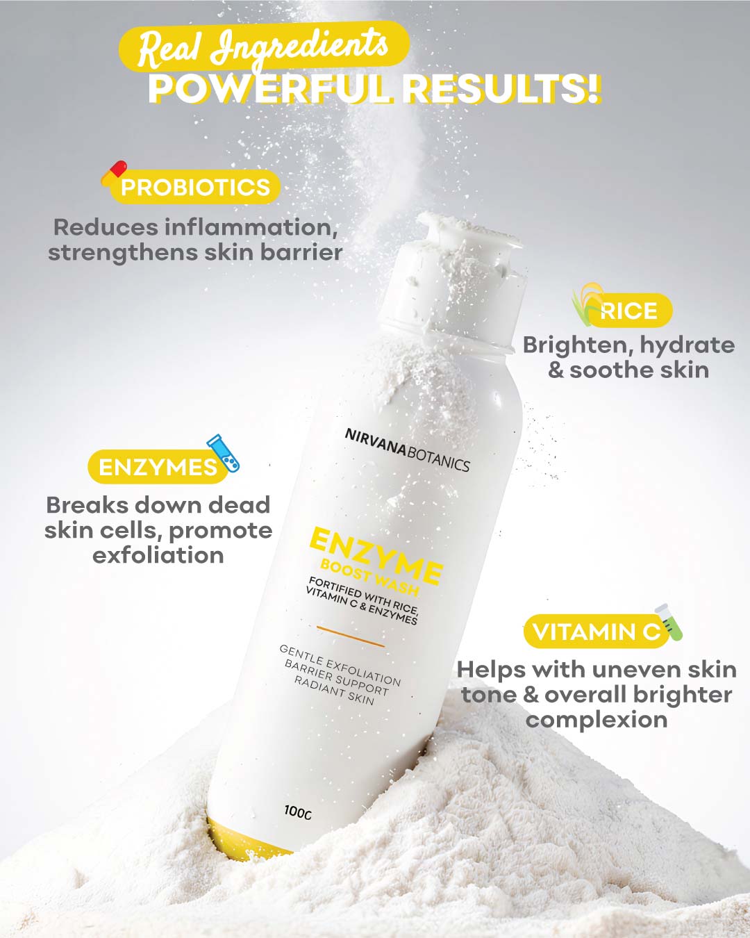 Skin care product with text highlighting ingredients and benefits on a white background