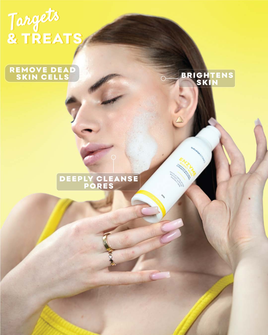 Woman applying skincare product with text highlighting product benefits on a yellow background