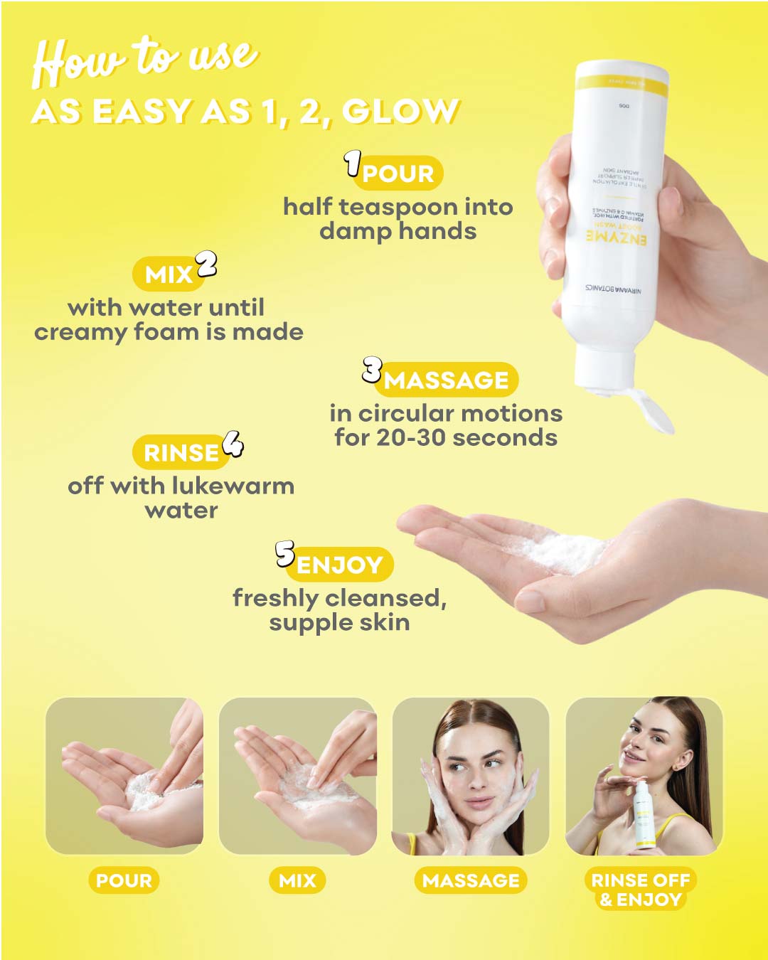 Instructions on how to use a skincare product with a yellow background
