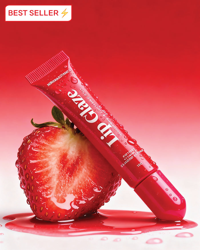 Red lip balm tube with strawberry on a red background