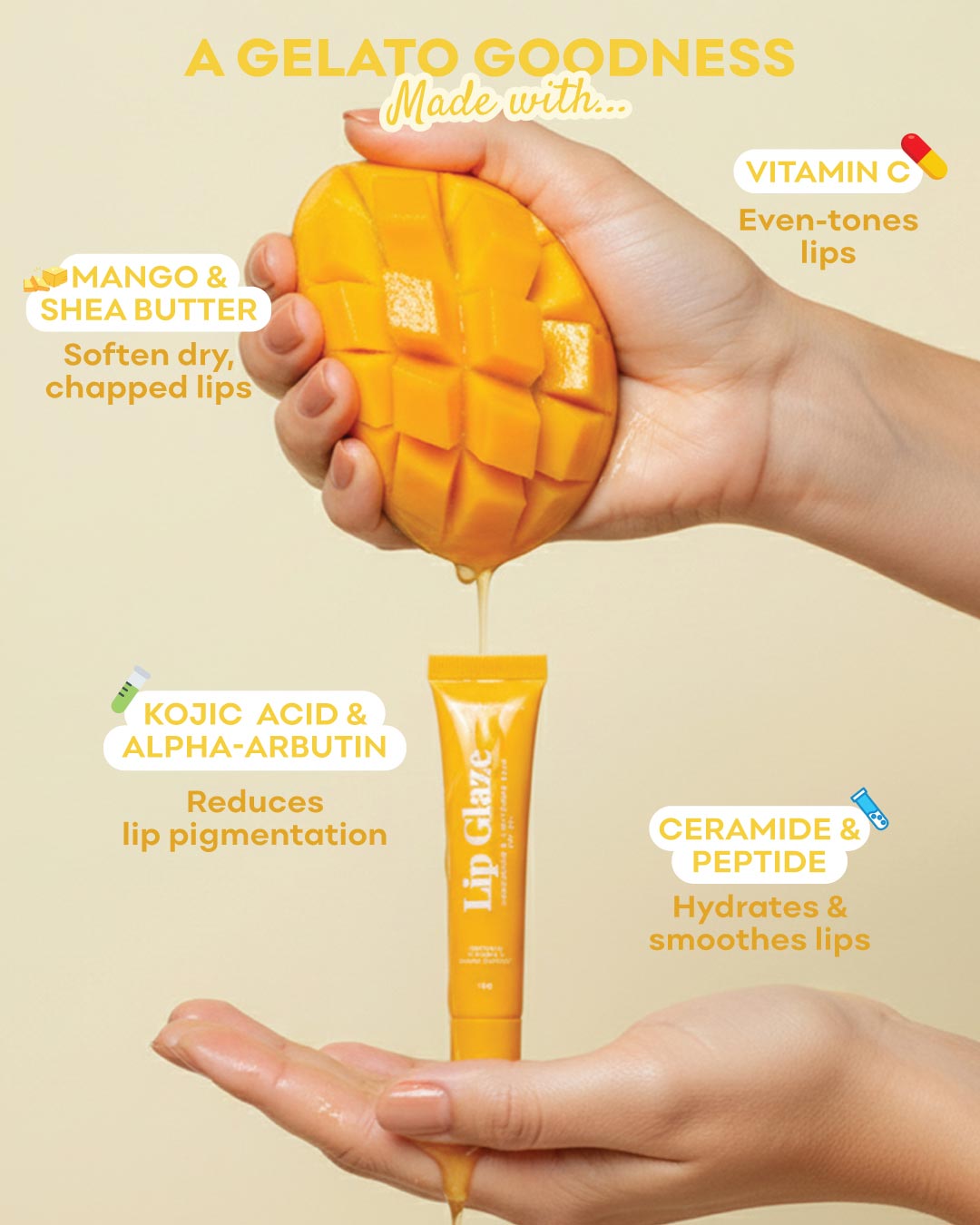 Lip balm with mango and shea butter, vitamin C, kojic acid, alpha-arbutin, ceramide, and peptide ingredients on a beige background.