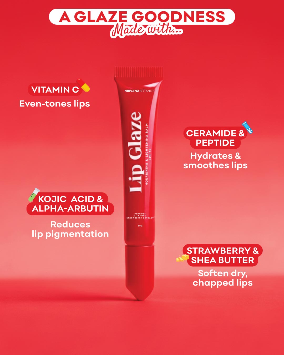 Lip Glaze product with features on a red background