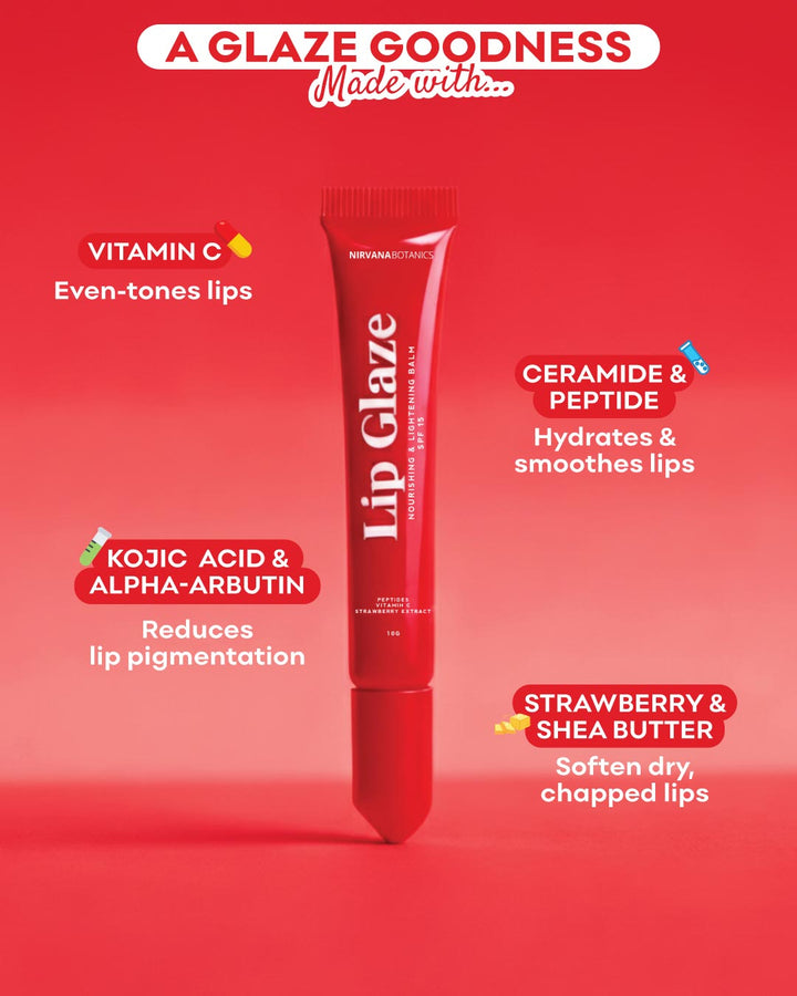 Lip Glaze product with features on a red background