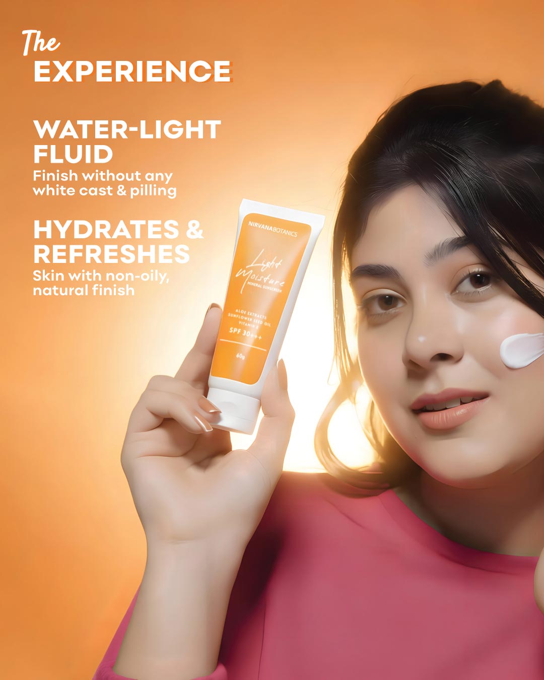 Woman holding a tube of 'Light White' water-light fluid with promotional text on an orange background