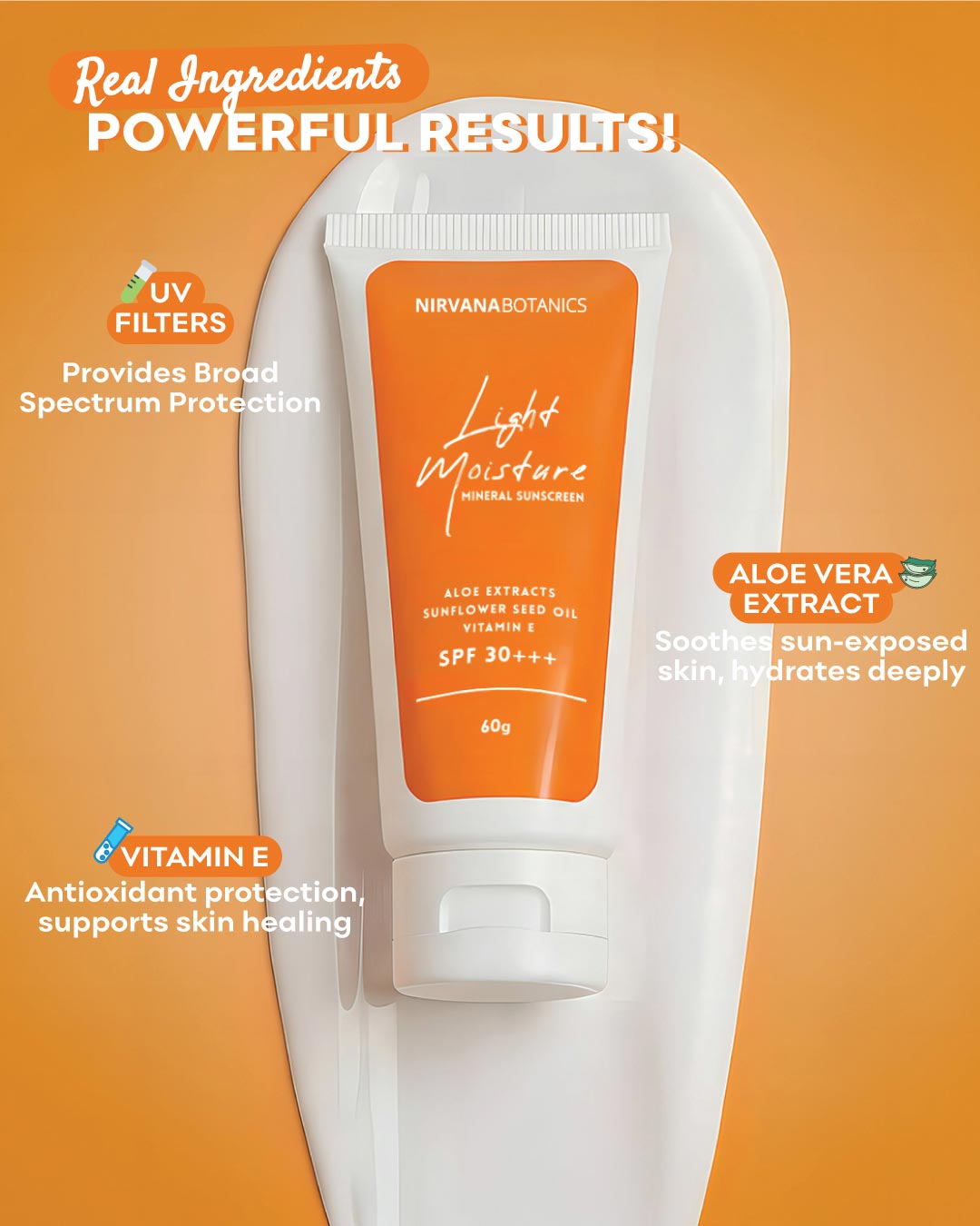 Nirvana Botanics sunscreen tube with ingredients listed on an orange background