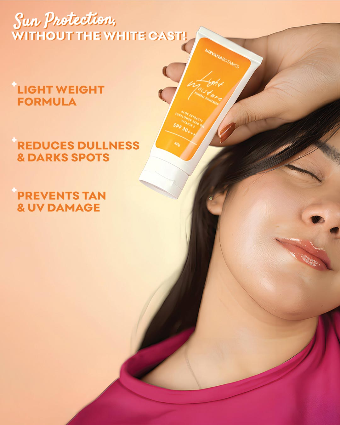 A girl a sunscreen tube with product features listed on an orange background