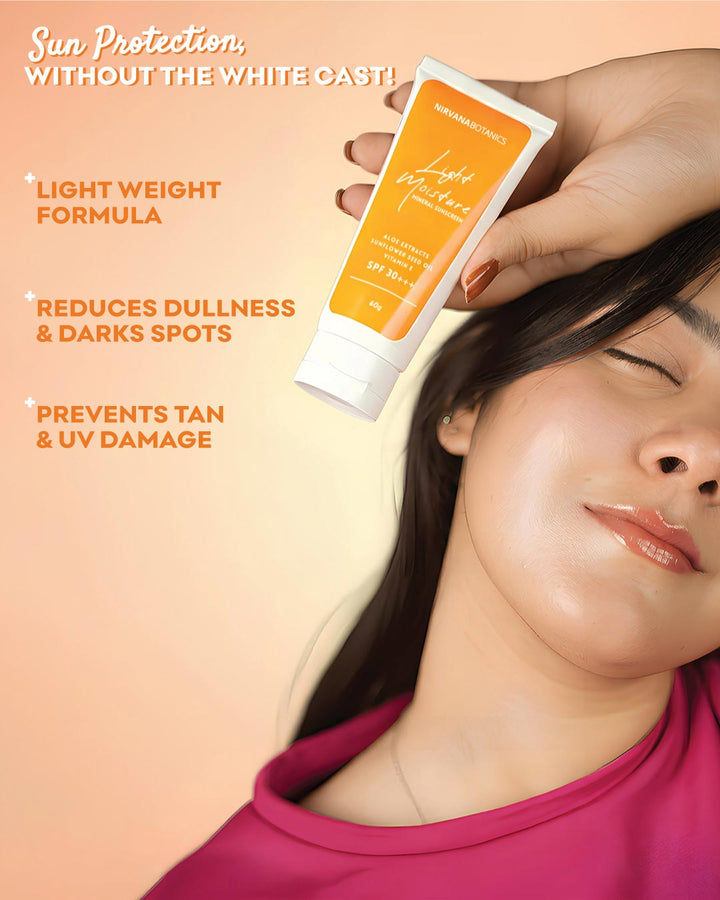 A girl a sunscreen tube with product features listed on an orange background