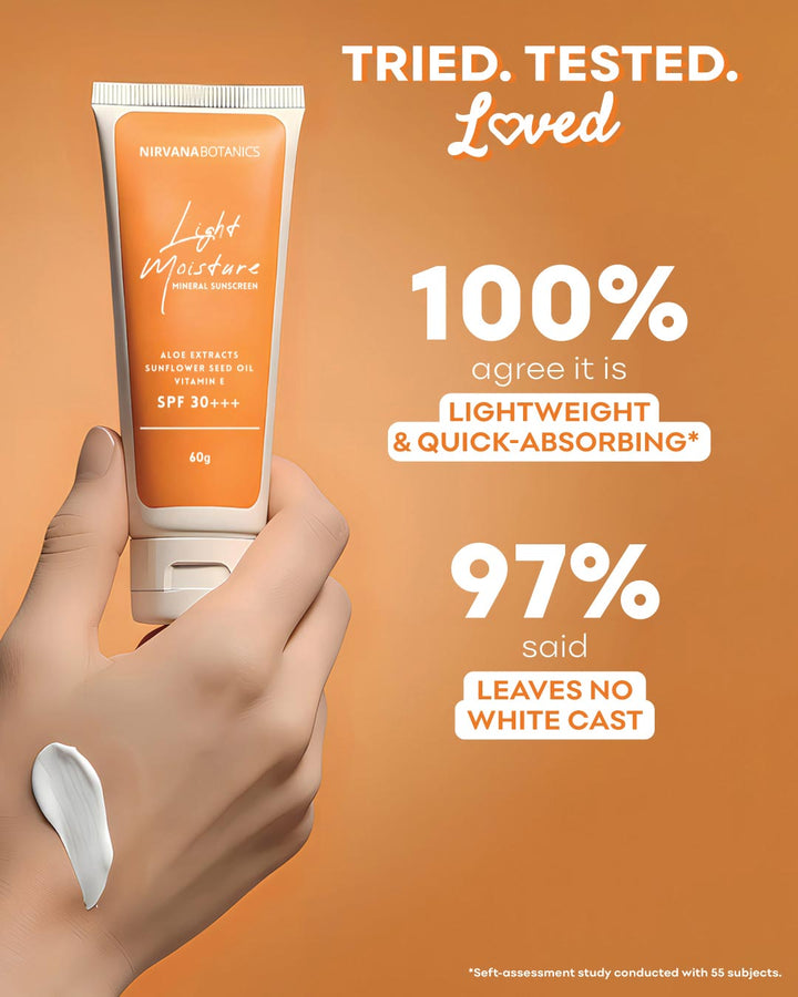 Hand holding a tube of Nirvana Naturals Light Moisture sunscreen with product features on an orange background