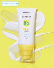 Sunscreen tube labeled 'SUNSLAY' with SPF 50 on a yellow background