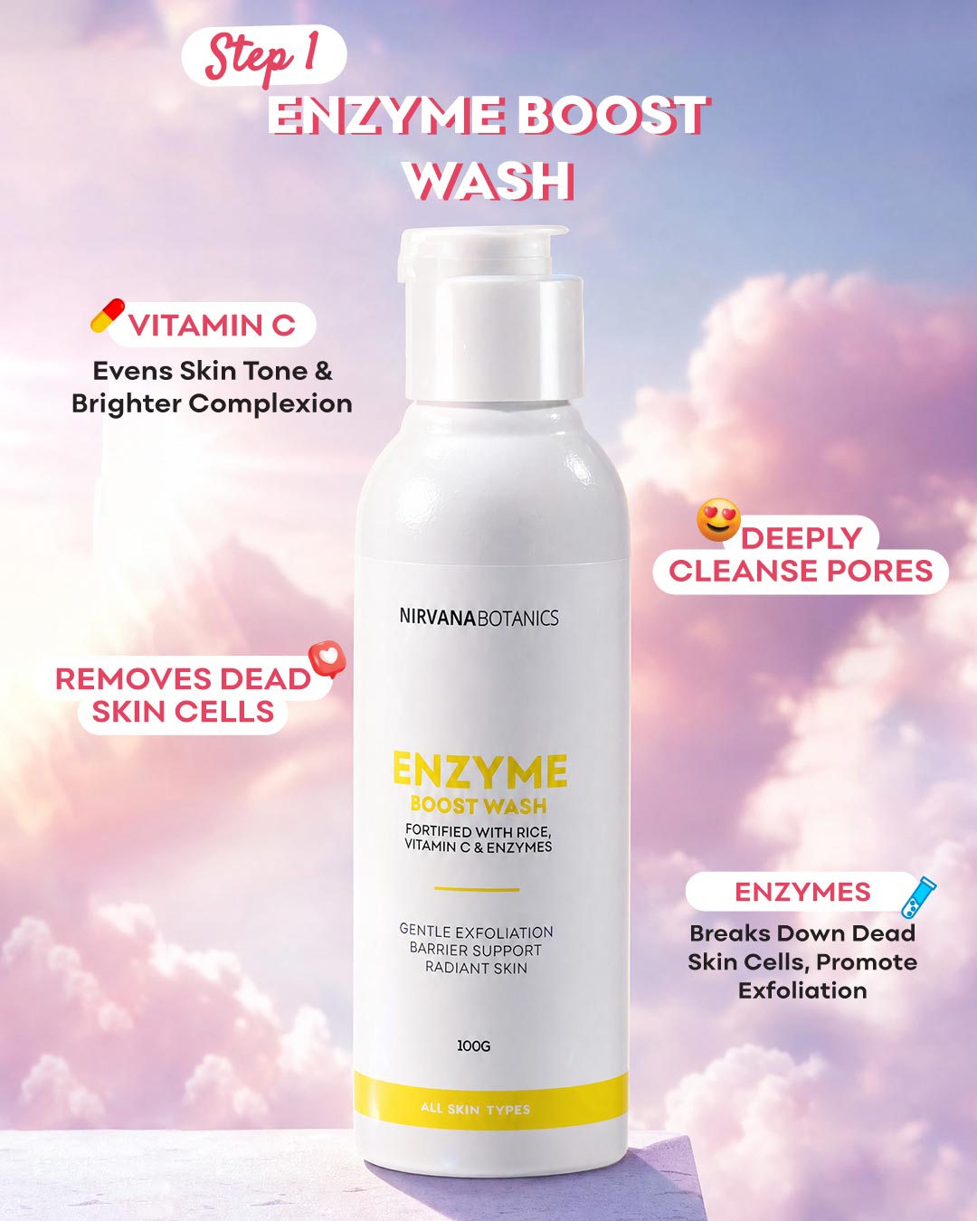 Nirvana Botanics Enzyme Boost Wash bottle shown against a pastel pink and purple cloud background with promotional text callouts.