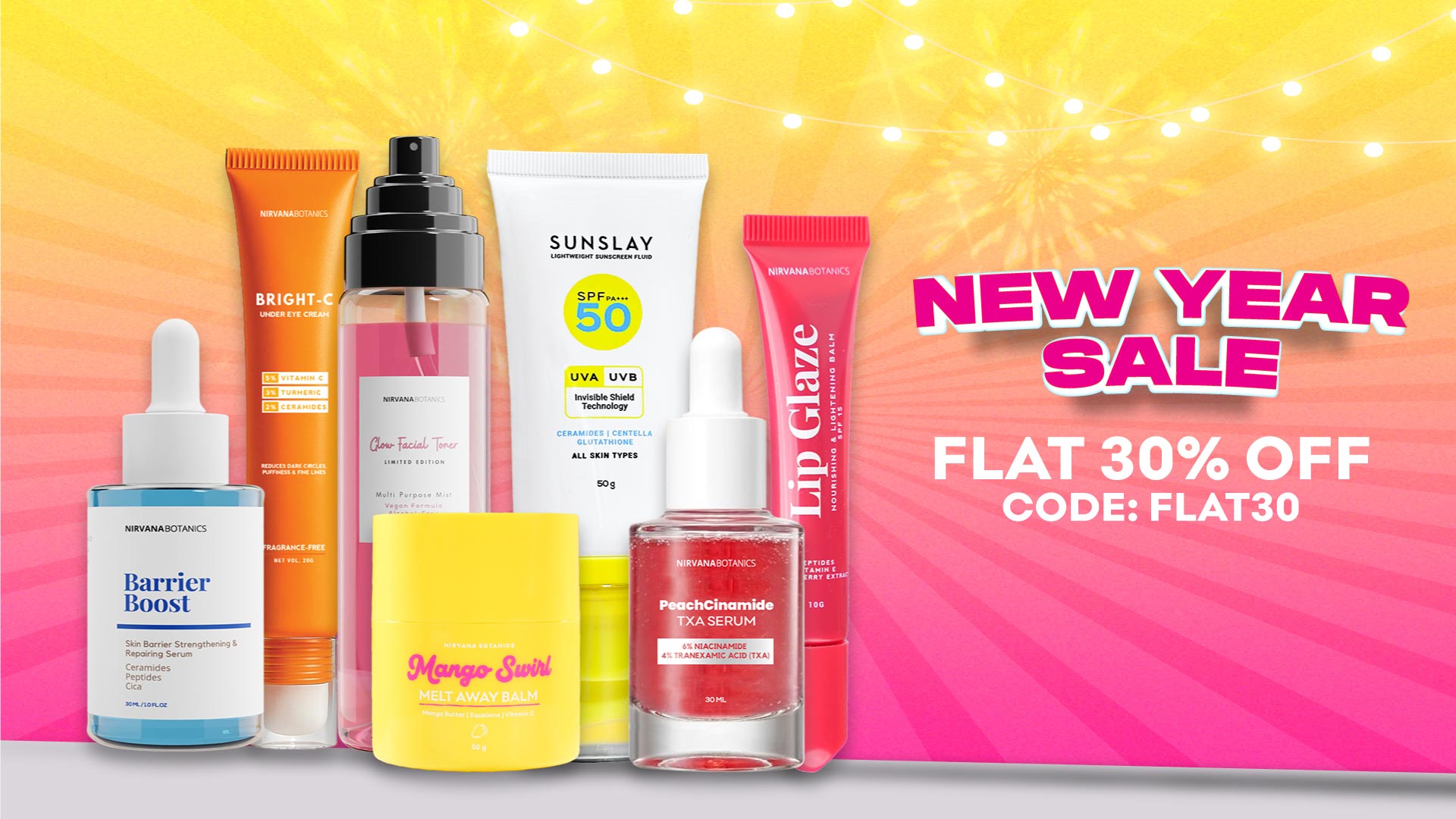 Cosmetic products on a colorful background with a New Year sale promotion.