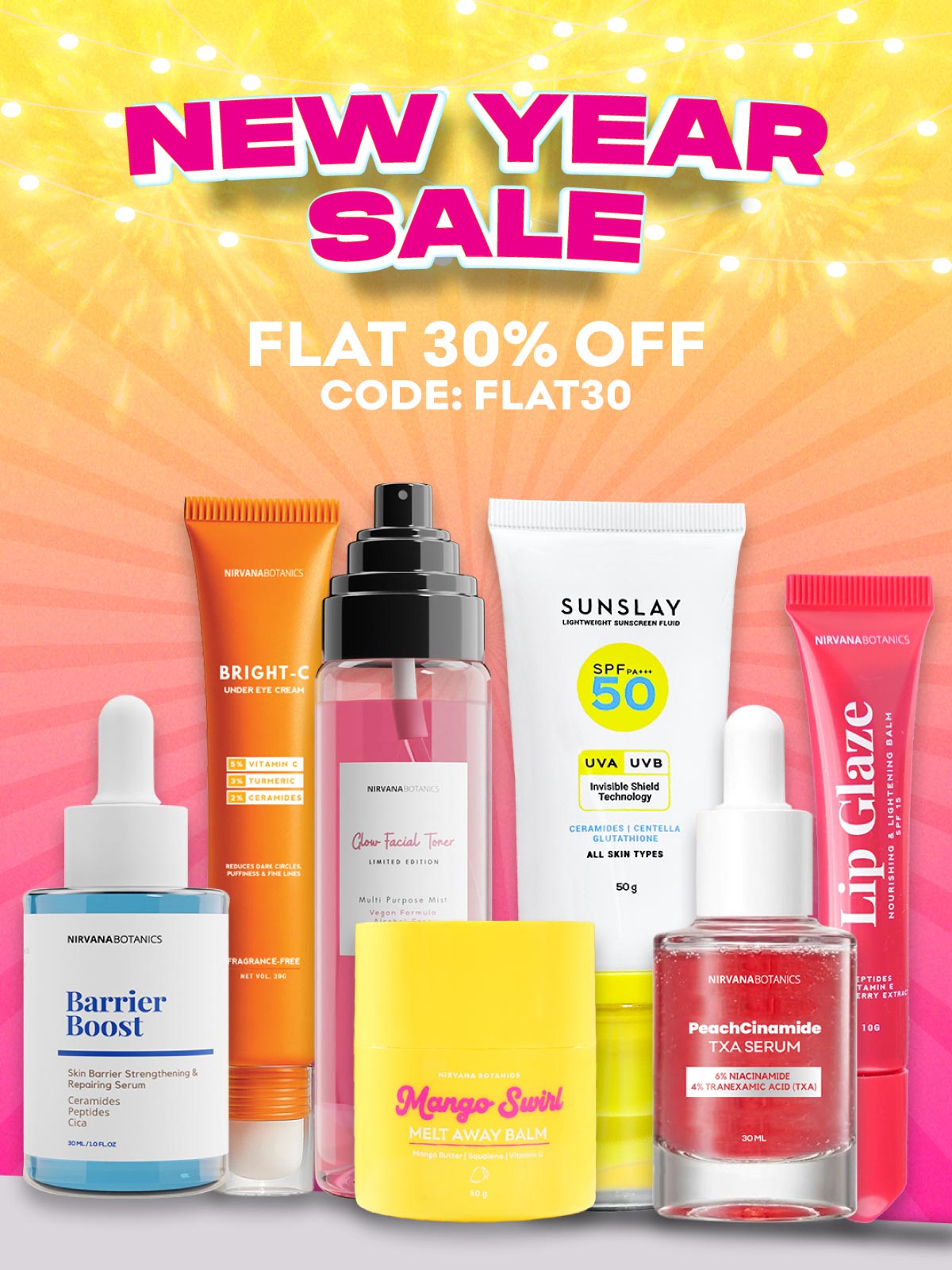 Cosmetic products with a 'New Year Sale' banner and discount code on a colorful background