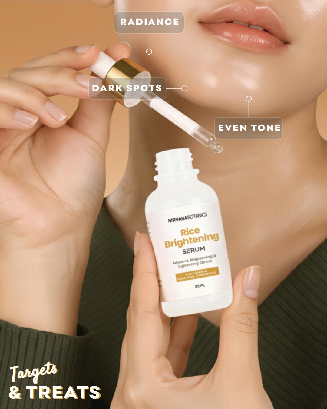 Person holding a bottle of Rice Brightening Serum with dropper, showing product features on skin.