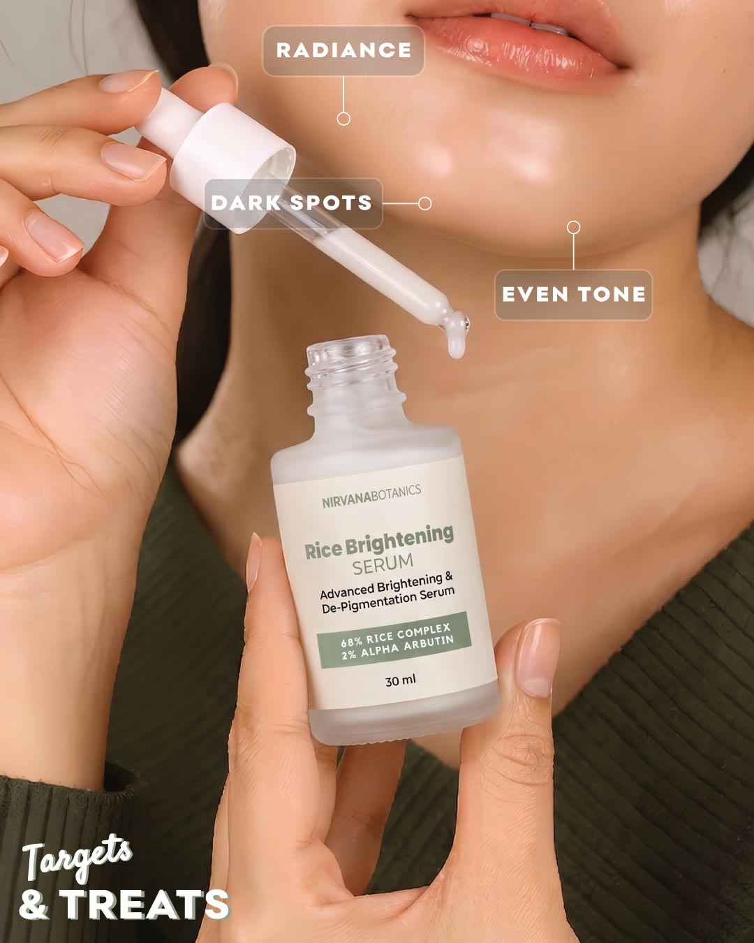 A close-up of a person holding a dropper bottle of NIRI ANABOTANICS Rice Brightening Serum, with a drop being lifted from the bottle. Text overlays point to the skin benefits: RADIANCE, DARK SPOTS, and EVEN TONE.