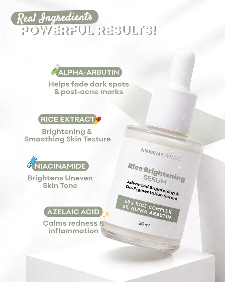 Nirvana Botanics Rice Brightening Serum in a clear glass dropper bottle, displayed on a white geometric pedestal with promotional text highlighting key ingredients like alpha-arbutin, rice extract, niacinamide, and azelaic acid.